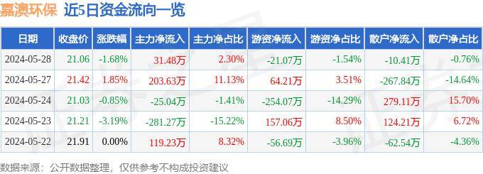 股票行情快报：嘉澳环保（603822）5月28日主力资金净买入31.48万元